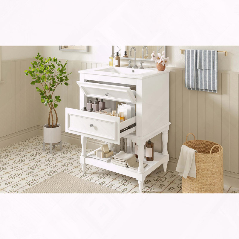 Meuble-lavabo rétro avec tiroirs en céramique et tablette ouverte, Blanc