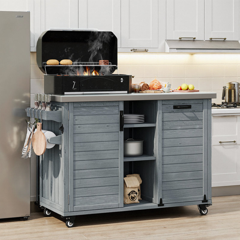 Îlot de table pliable de 78 po avec rangement pour poubelles, plateau et roulettes en acier inoxydable, bois de sapin massif, bleu gris