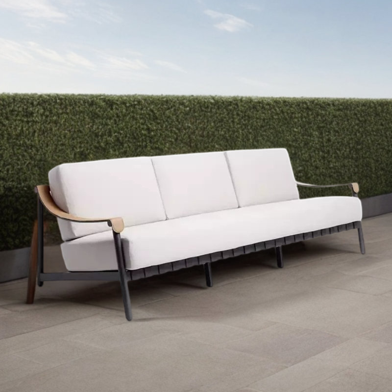 Outdoor Sofa Aluminum Frame Bamboo Rattan 90.55'' Wide Rectangle Patio Sofa with Cushions