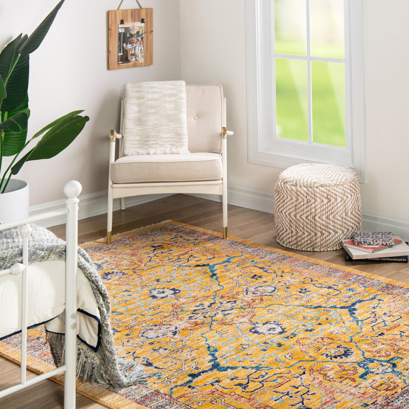 Tapis jaune / bleu / rouge Indigo, Rectangle 7 pi 10 po x 10 pi 2 po