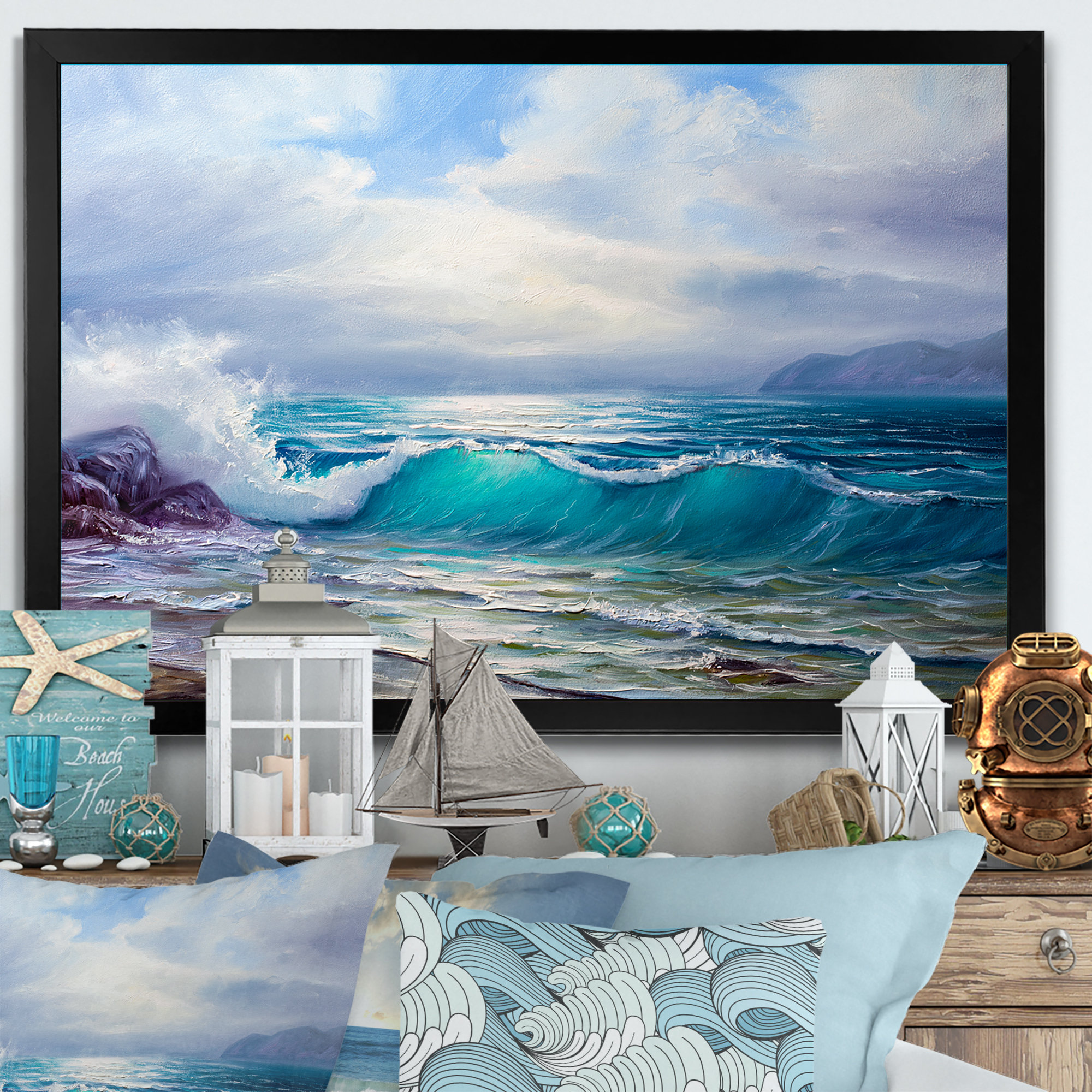 Seascape epoxy resin painting with real sand beach, foamy waves in