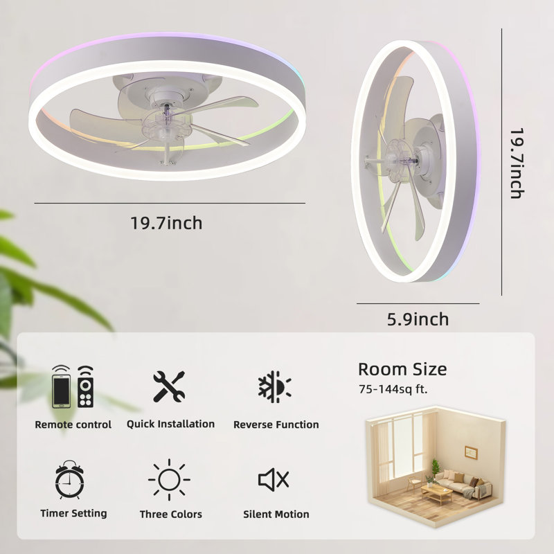 Ventilateur de plafond moderne de 19,3 po avec lumière, avec 6 vitesses de refroidissement, options de couleurs RVB et dynamiques Jamescia, convient à la chambre à coucher