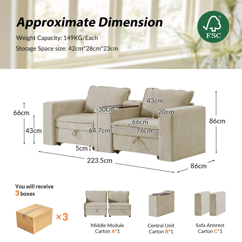 Miriam Modern 2 Seater Corner Sofa with Hidden Storage and USB Port, Beige