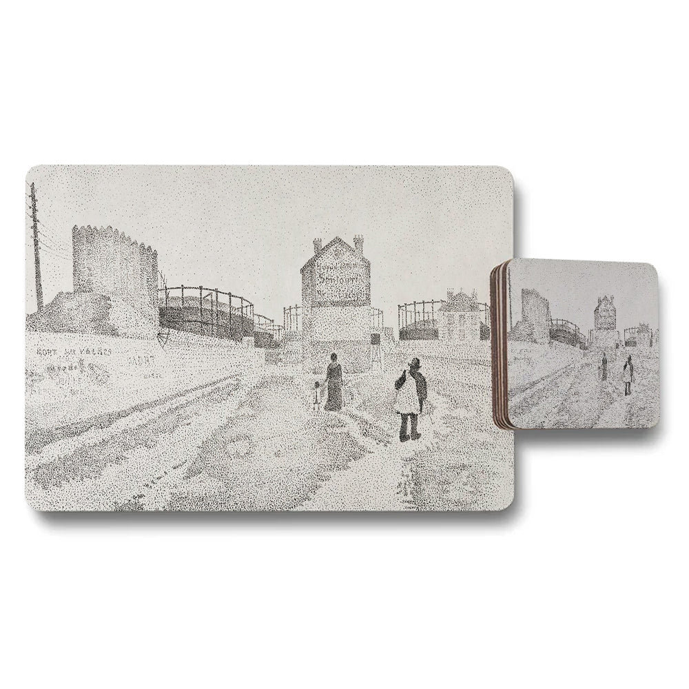 Vintage Beach Scene Placemat And Coaster Set With Seaside Pier Design