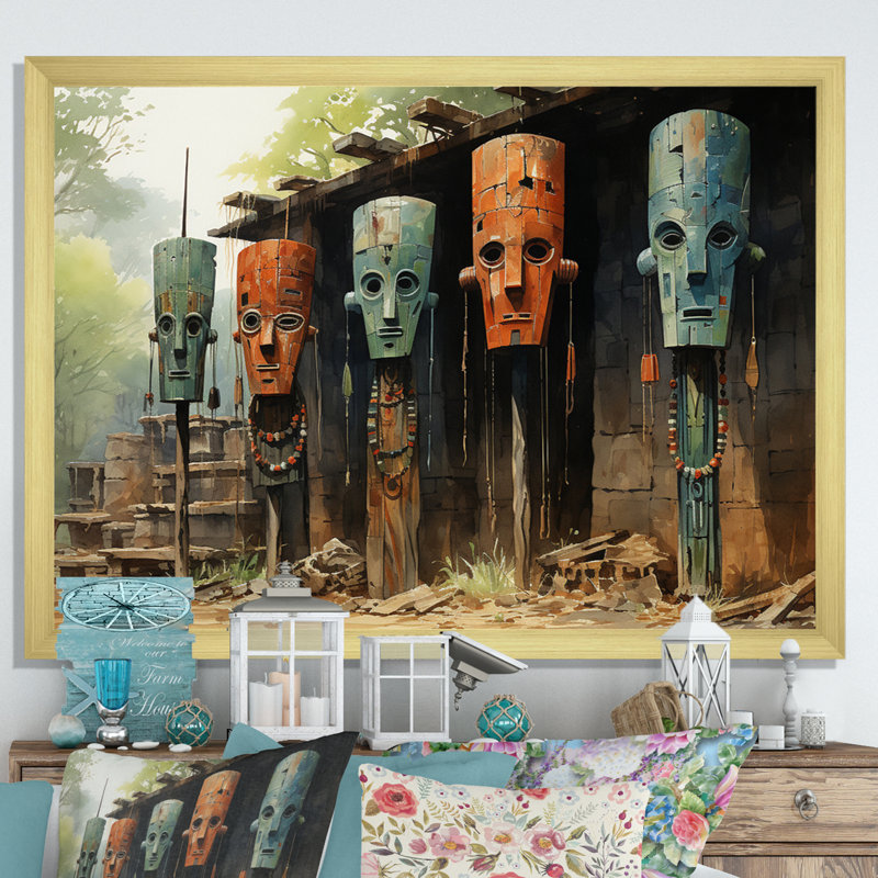 «Maezy African Tribes Dogon Mask II», reproduction sur toile, Encadrement doré, H 34 po x l 44 po x P 1,5 po