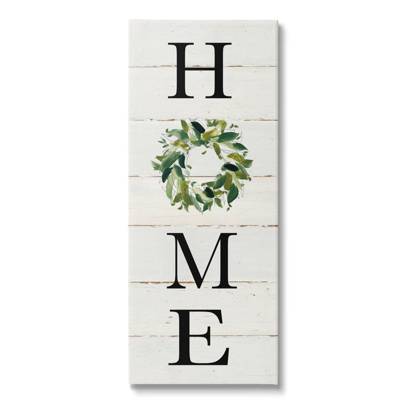 «Home», phrase verticale, feuille verte, couronne, typographie par Carol Robinson - art textuel, Toile tendue
