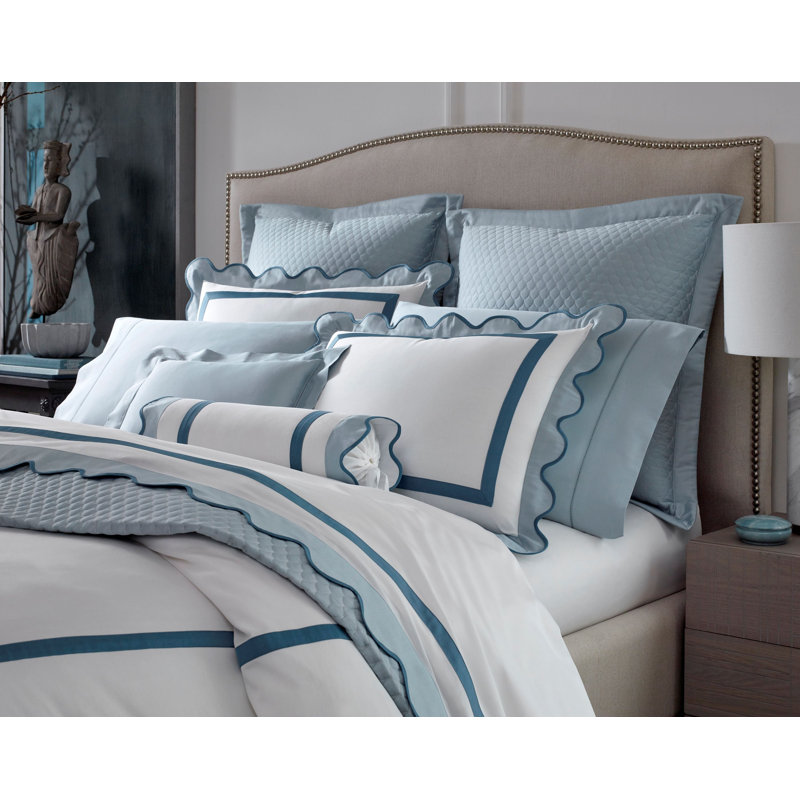 Portofino Sateen Sheet Set, Ivory/Sion Blue/Navy Blue, Full Sheet Set + 2 Pillowcases
