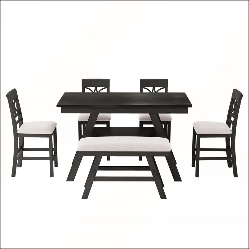 Ensemble de salle à manger à hauteur de comptoir rustique avec rangement, table en bois 6 pièces, banc et 4 chaises pour cuisines modernes et petits espaces