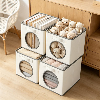 Cubes de rangement pliables en tissu ultra épais avec fenêtre en filet, organisateur de rangement en cube de 11 pouces pour vêtements, tablettes, bureaux, jouets et articles ménagers, blanc et ivoire, paquet de 4