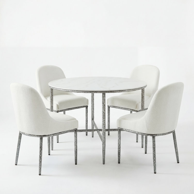  Ensemble de table de salle à manger 5 pièces Rivet avec plateau en pierre frittée et chaises rembourrées, Étain forgé