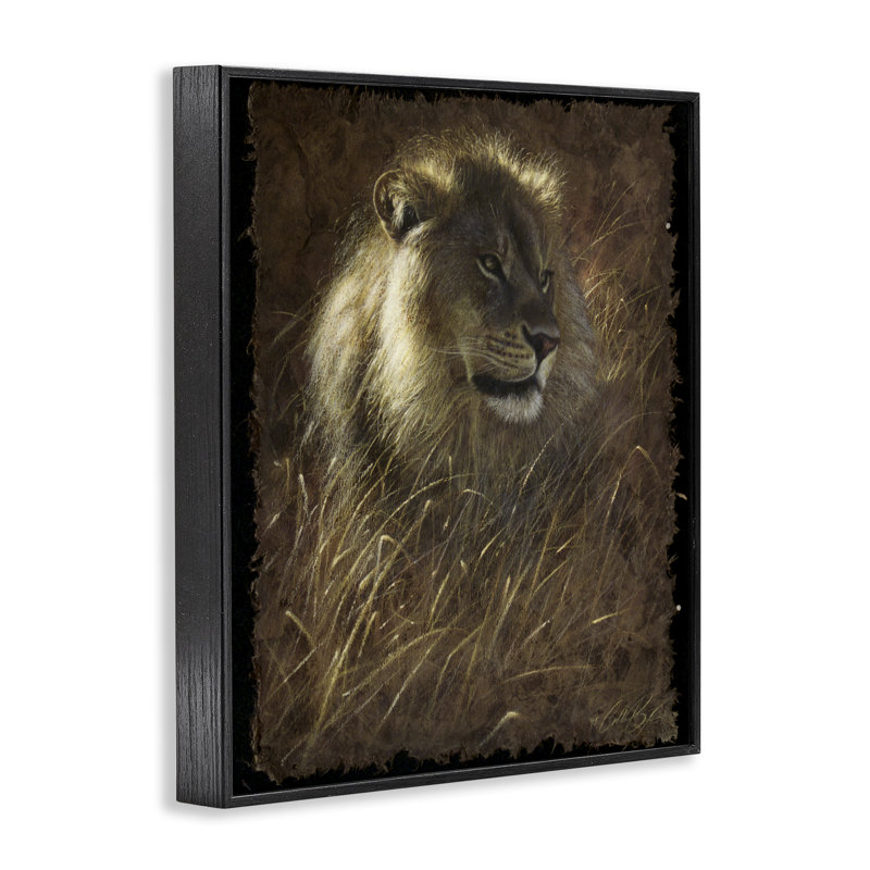Lion sur écorce rustique, estampe numérique, conception par Collin Bogle, H 14 po x l 11 po, Giclée encadrée noir minuit