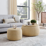 Round Storage Ottoman, Woven Rattan Fabric Ottoman, 2 In 1 Function, Work As End Table And Ottoman, With Small Seat