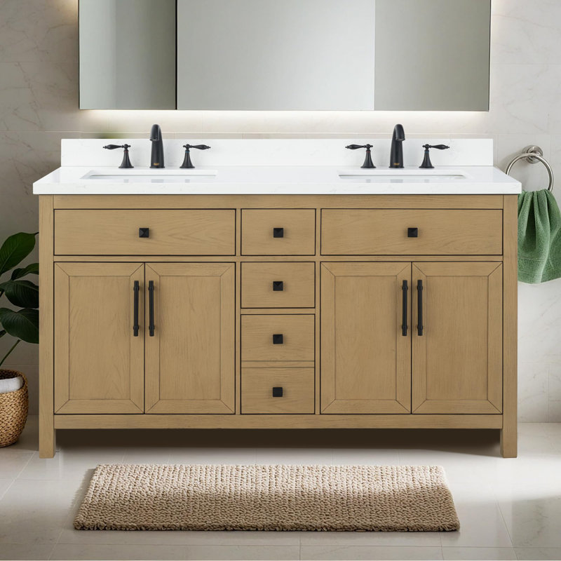 Lavanti Oakford 60 Inch Bathroom Vanity with Sink – 100% Premium Solid Wood, Stylish Firwood Oak Vanity Bathroom with Storage Cabinet – Modern Bathroom Vanities with Double Vanity Sink & 1.5" Quartz Countertop