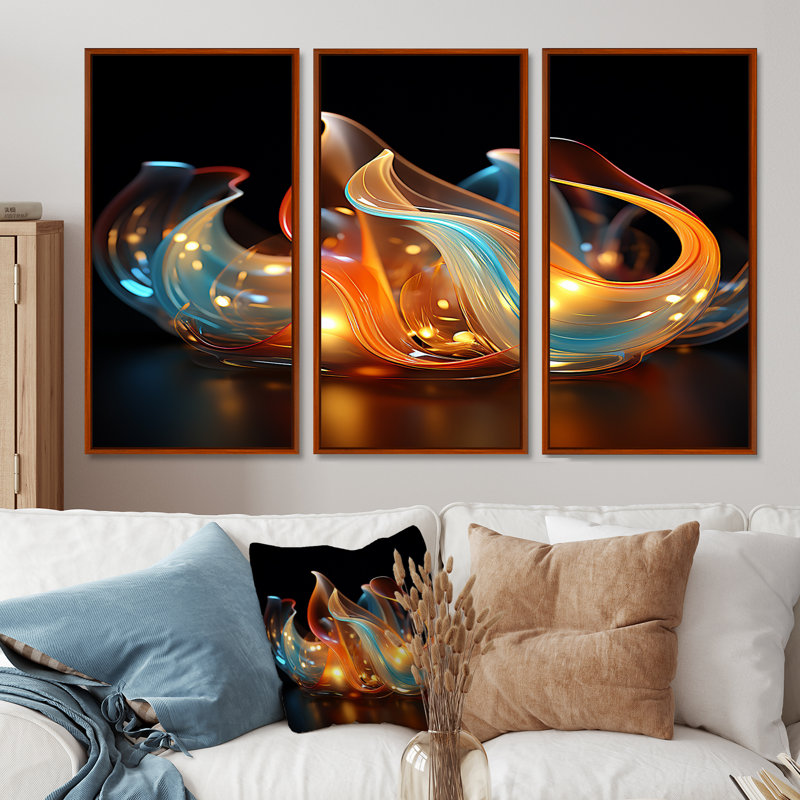 Feu, eau, vagues, bleu et orange - ensemble d'art abstrait mural, Cadre flottant brun, H 32 po x l 48 po x P 1 po