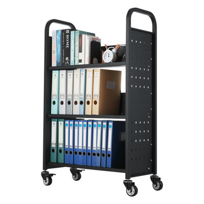 3 - Tier Rolling Book Cart With Single Sided L Shaped Shelves In Black, Extra Large Capacity For Books, Stable Load Bearing, Silent Glide Truck Ideal Home Libraries, Side Compartments A4 Folders,