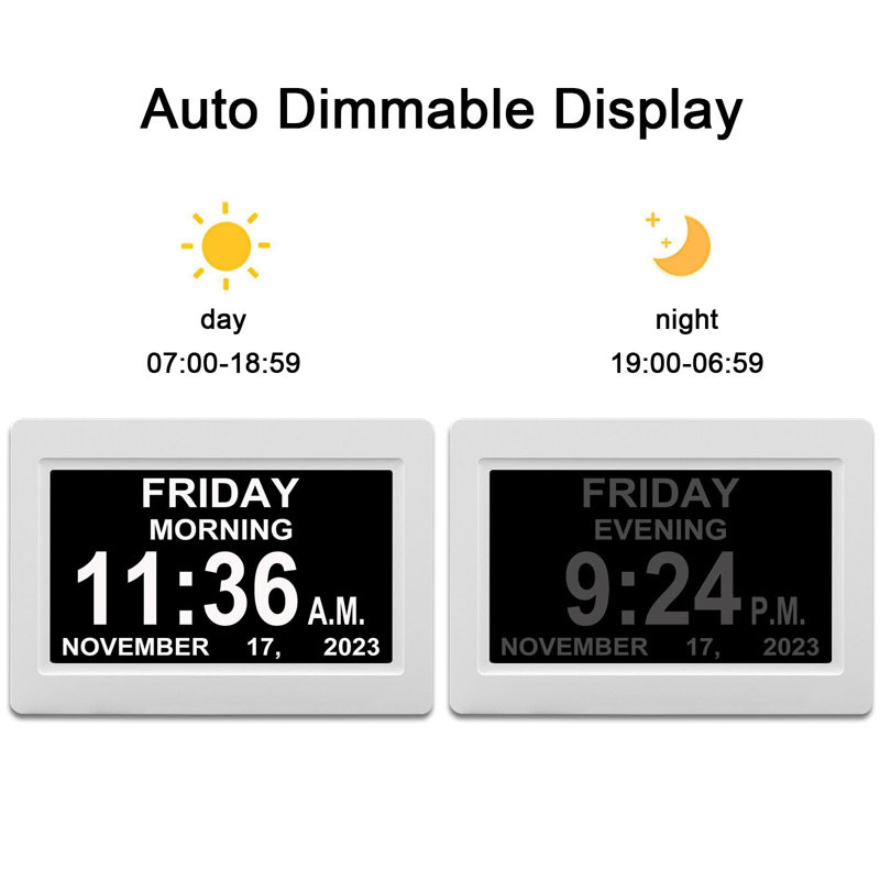 7-inch Calendar Clock with 12 Alarms, Auto Dimmable Display, Large Vision Impaired Digital Clock, White