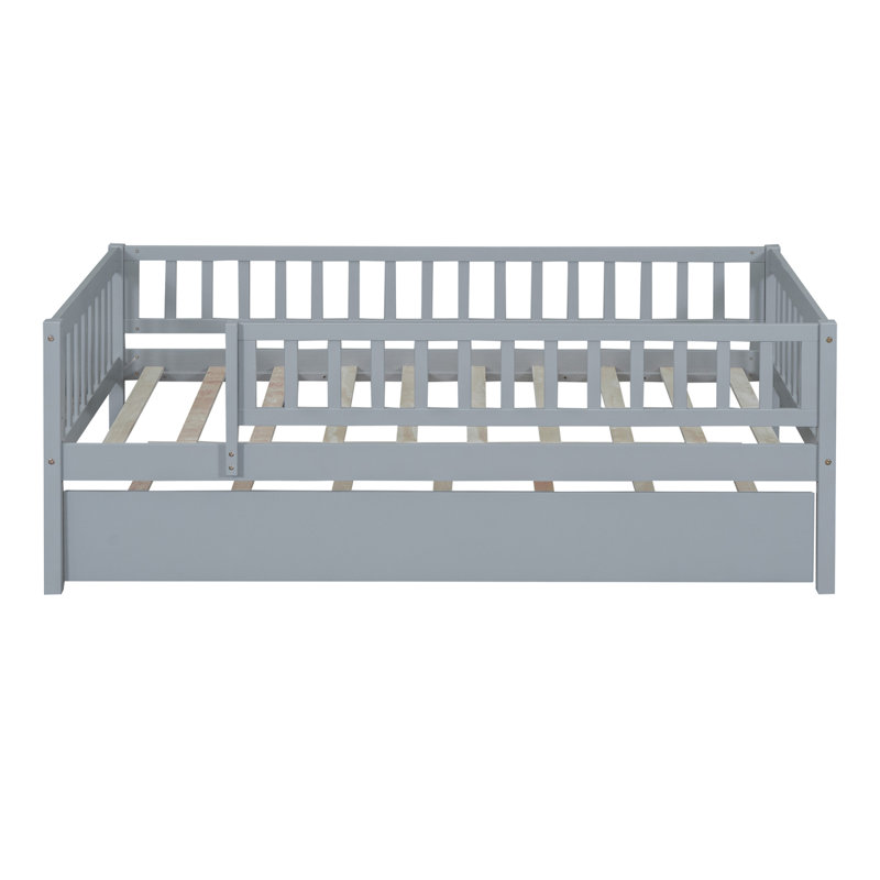 Wood Daybed With Trundle And Fence Guardrails, Gray, Twin
