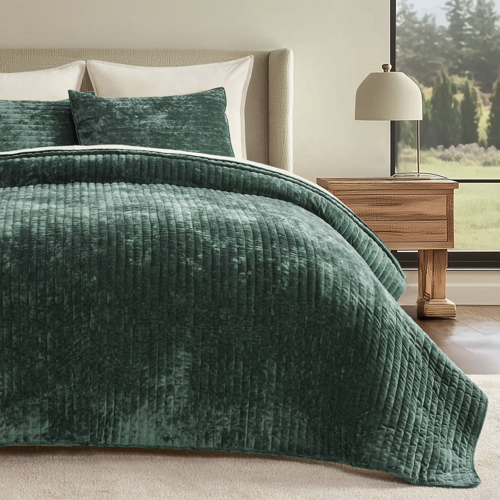 Velvet Quilt Set, King, Dark Green