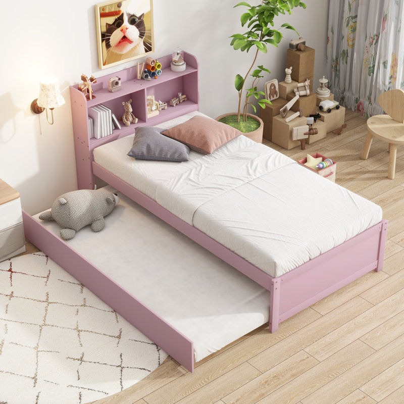 Lit simple avec lit gigogne et bibliothèque, parfait pour les petites chambres, conception peu encombrante et grand espace de rangement