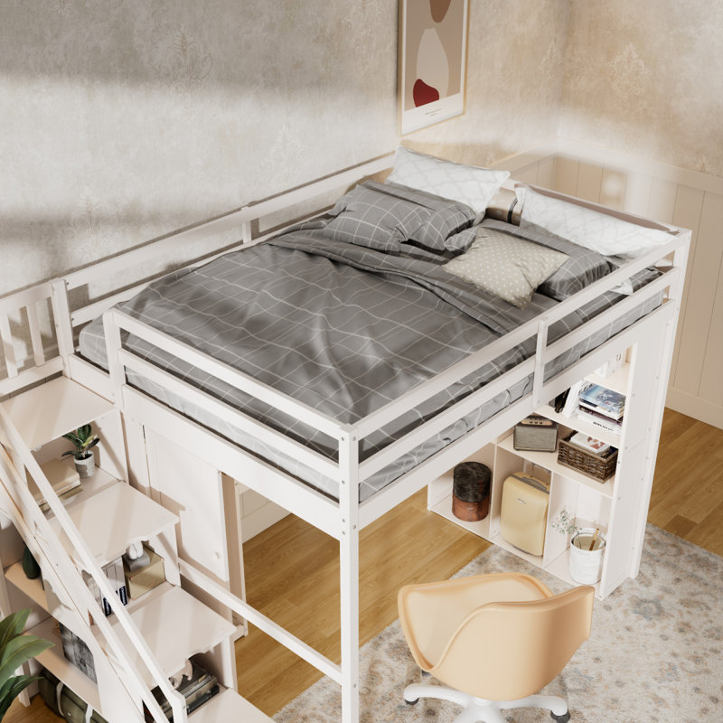 Structure de lit mezzanine multifonctionnelle avec garde-robe intégrée, bureau d'étude, tablettes de rangement et éclairage DEL Lioro