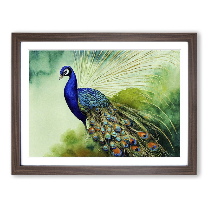 Watercolour Peacock - Single Picture Frame Print, Walnut Framed, 46cm H x 64cm W x 2cm D
