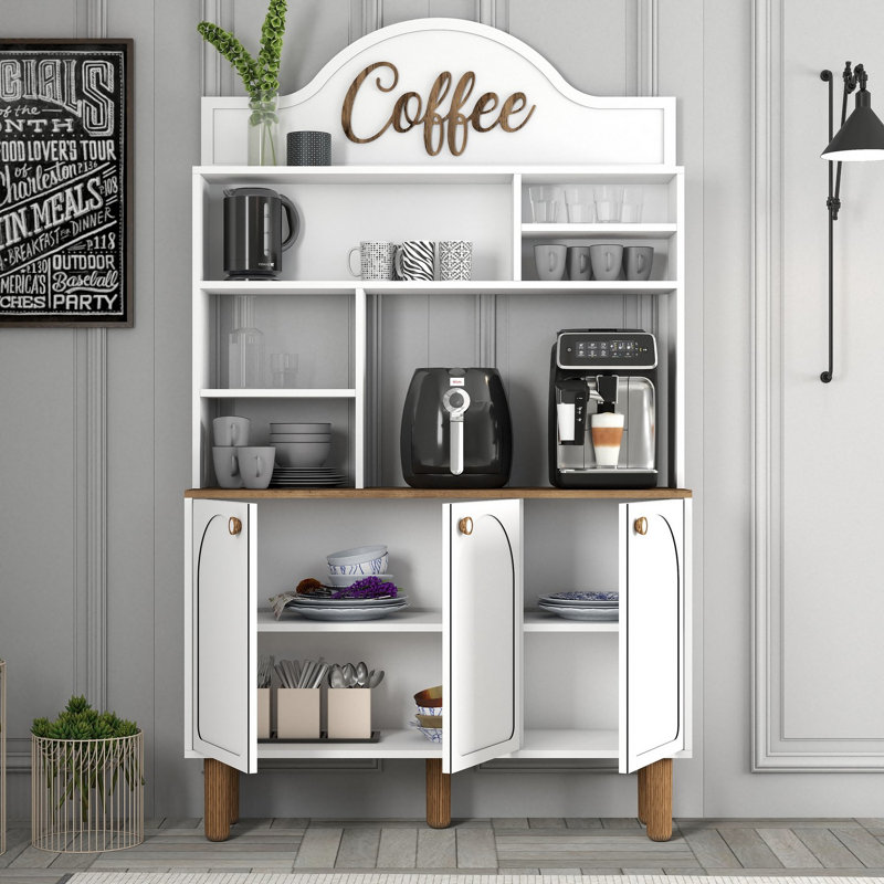 Bar à café moderne, blanc, 47,2 x 79,9 x 13,8 pouces | 100% panneau de particules enduit de mélamine, épaisseur: 0,7 pouce | Nombreuses tablettes, rangement supplémentaire, fixation murale | Conception élégante et fonctionnelle pour tout espace