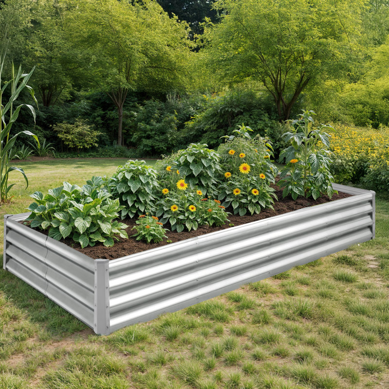 Interlocking Rectangular Galvanized Steel Sliver Raised Garden Bed, 12" H x 96" W x 48" D, 2
