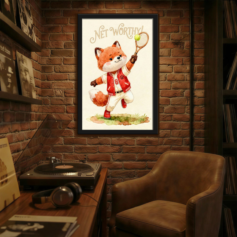 Animaux, renard jouant au tennis avec une raquette et une balle, H 18 po x l 12 po