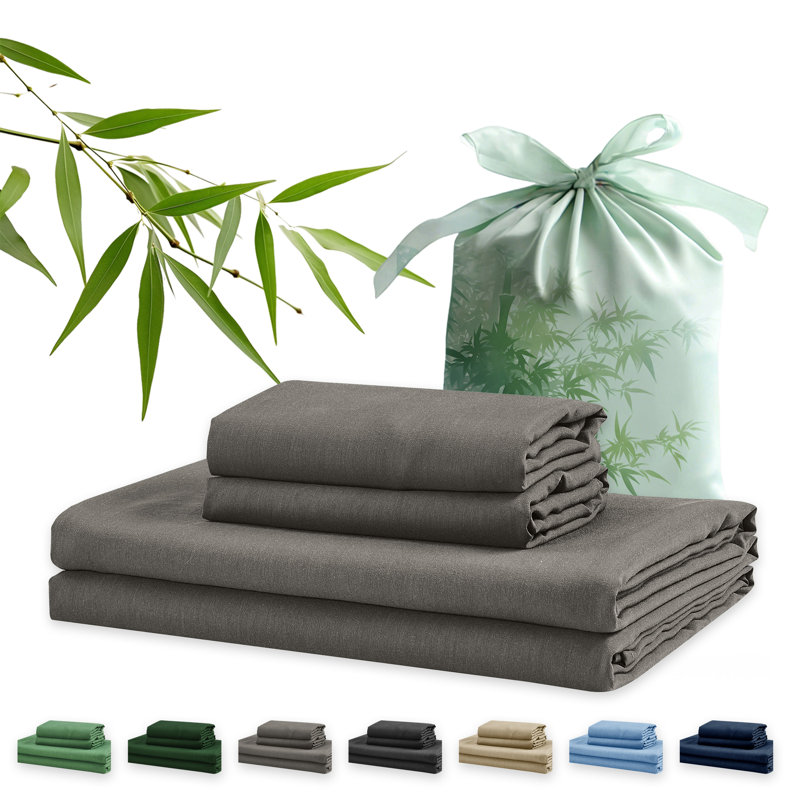 4 Piece Twin Size Sheet Set, 100% Rayon Derived from Bamboo Sheet Set, Cooling & Breathable, Luxury Silky Soft, Deep Pocket up to 16", Gray
