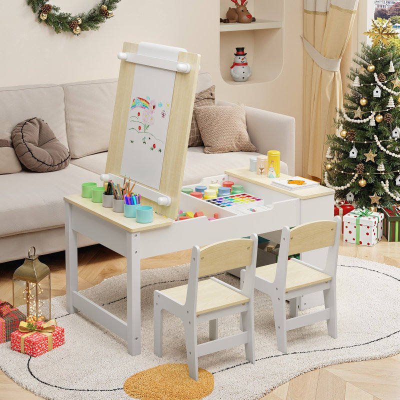 Kids Art Table And Chair Set, Convertible Art Easel & Wooden Activity/Craft Table With 2 Chairs, Storage Bins & Organizer Shelves For Toddlers’ Drawing, Playing & Learning