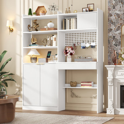 5-Shelf Bookshelf with Desk Combo – Sliding-Door Cabinet, Pegboard & Drawer, Fluted Design with Charging Station, 66 lb Capacity