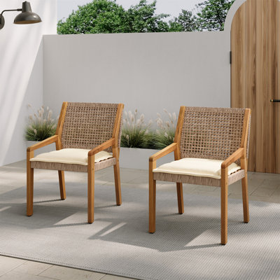 OUTDOOR DINING CHAIR -Acacia Wood & Wicker With Cream Cushion Patio Furniture-Teak Finish & Wicke Brown -MP2(Set Of 2)