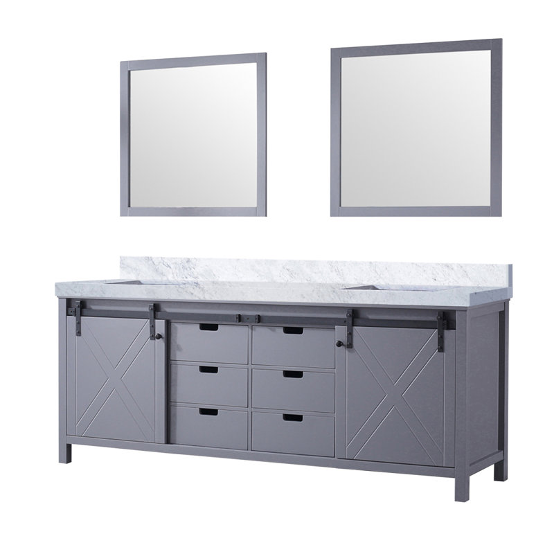 Dark Grey Double Bath Vanity 84 in. W x 22 in. D, Carrara Marble Countertop and 34 in. Mirrors
