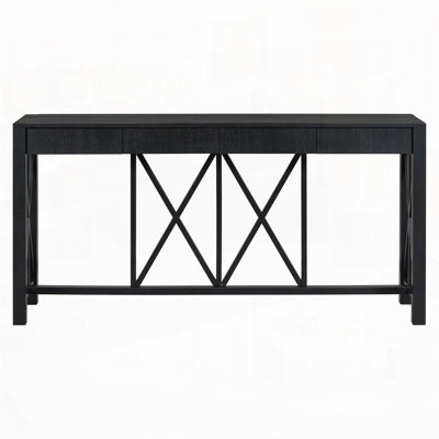 60''Acacia Veneer Console Table With 4 Spacious Drawers, Modern Crisscross Design Entryway Table With Open Bottom Storage,Farmhouse Sofa Table For Living Room,Kitchen,Dining Room,Hallway