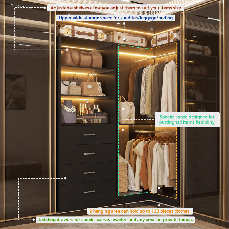 55" W Closet System With Drawers And Hanging Rods, Black