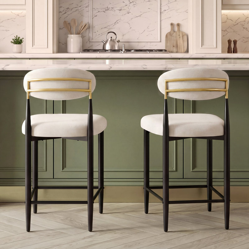 Tabouret de bar moderne en chenille sans accoudoirs avec dossier et structure aux accents dorés, Chenille blanche