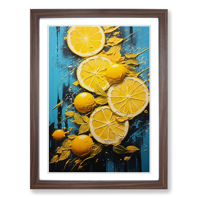 Sliced Lemon Hard Edge - Single Picture Frame Print on Wood, 64cm H x 46cm W x 2cm D, Walnut