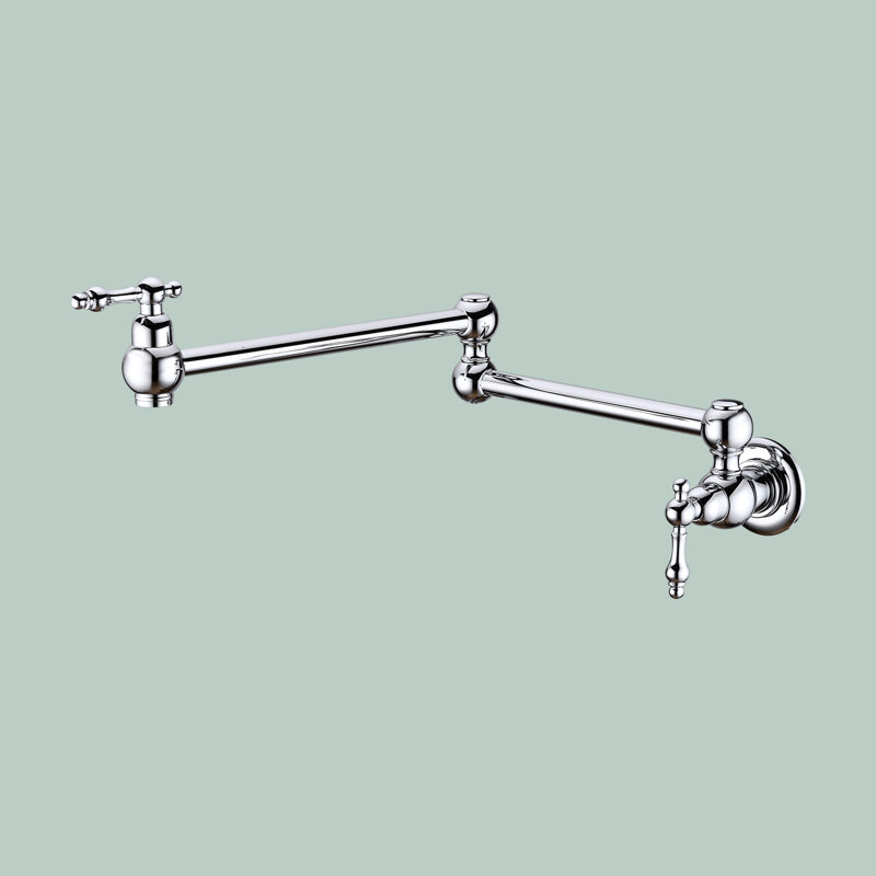 Single Hole Wall Mounted Swing Arm Folding Pot Filler Kitchen Faucet With Double Handles, Chrome