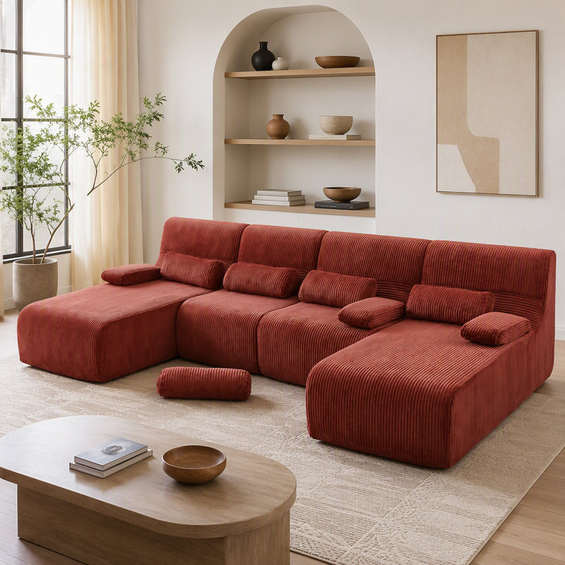 Canapé modulaire surdimensionné de 132,2 po, Velours côtelé rouge