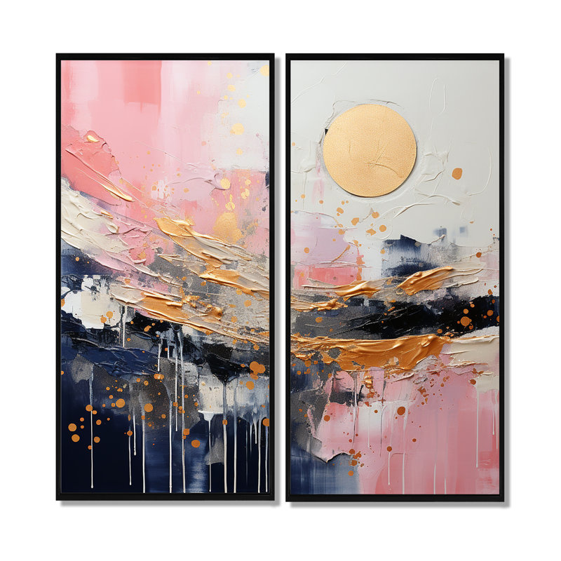 Or et rose liquide moderne formes III - décoration murale moderne or, H 32 po x l 32 po, Noir, Impression encadrée flottante