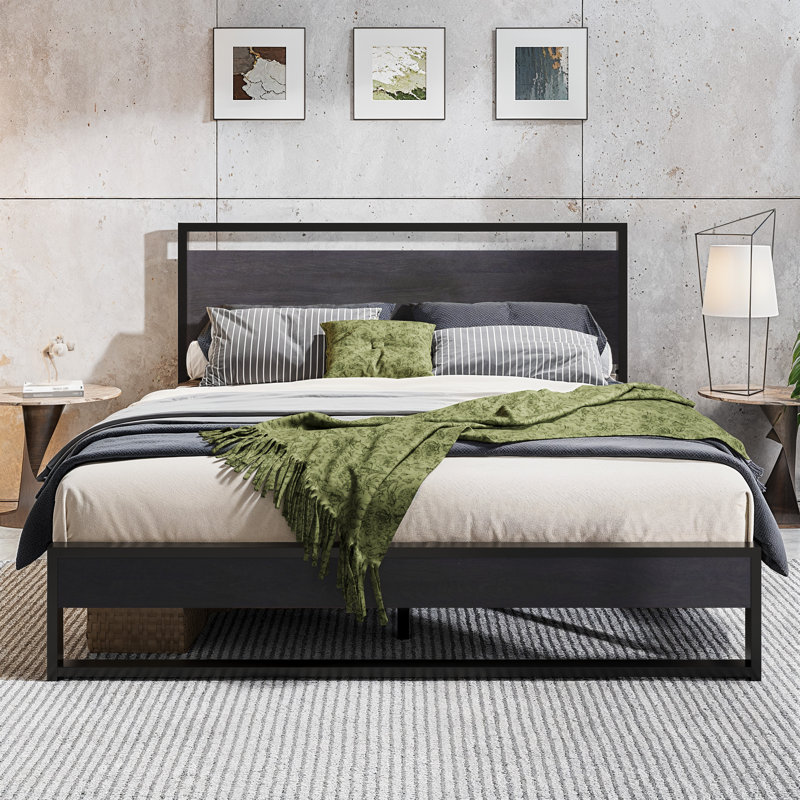Lit plateforme robuste avec tête de lit en bois, Noir, Grand