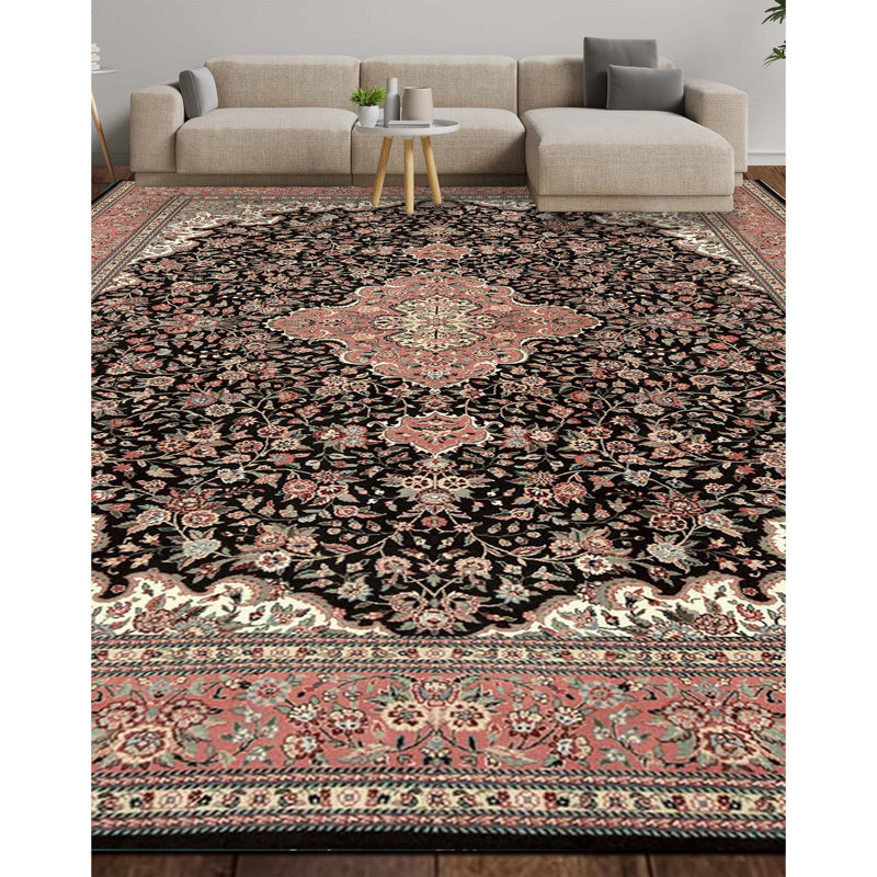 Tapis noir et rose noué à la main de haute qualité