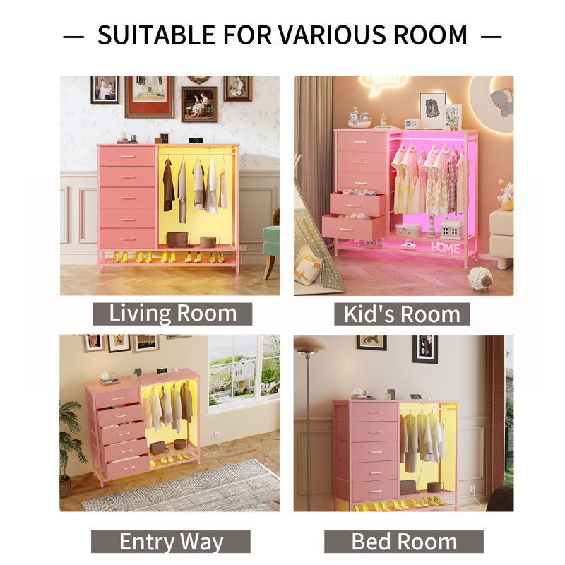 47.2'' W 5 - Drawer Dresser for Bedroom with Hanging Rack Led Lights and Charging Station, Pink