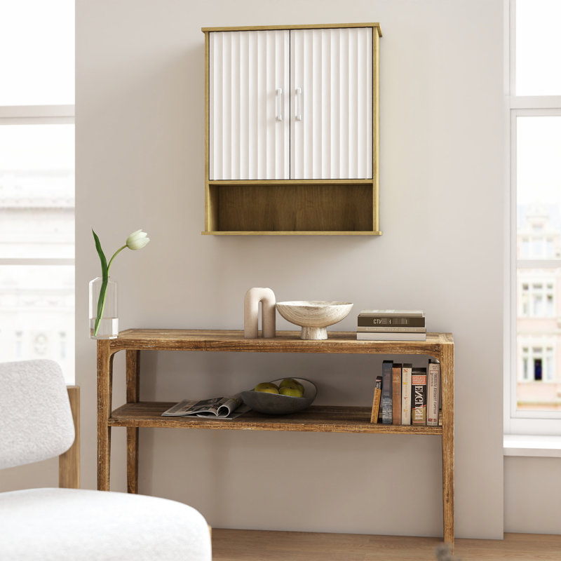 Bathroom Wall Cabinet With Double - Door, Adjustable Shelf, Wavy Design, Bottom Storage, White And Natural Wood, Easy To Install For Stylish Upgrade Wood Doors, Quick Installation Tidy