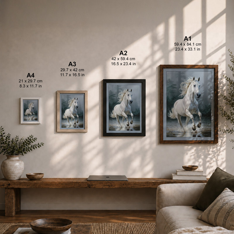 White Horse in Mist Modern 1 Piece Single Picture Frame Wall Art, A1 - 84.1 x 59.4 cm, White