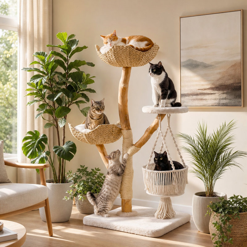 Tour pour arbre à chat en bois massif 47,24 "pour chats d'intérieur, arbre à chat multi-niveaux avec poteau à griffer, perchoirs souples et hamac suspendu