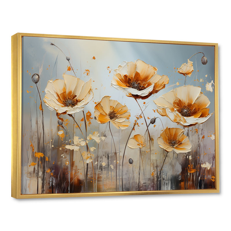 «Yellow and Grey Poppies Spatula», reproduction d'art sur toile, Cadre flottant doré, H 12 po x l 20 po x P 1 po