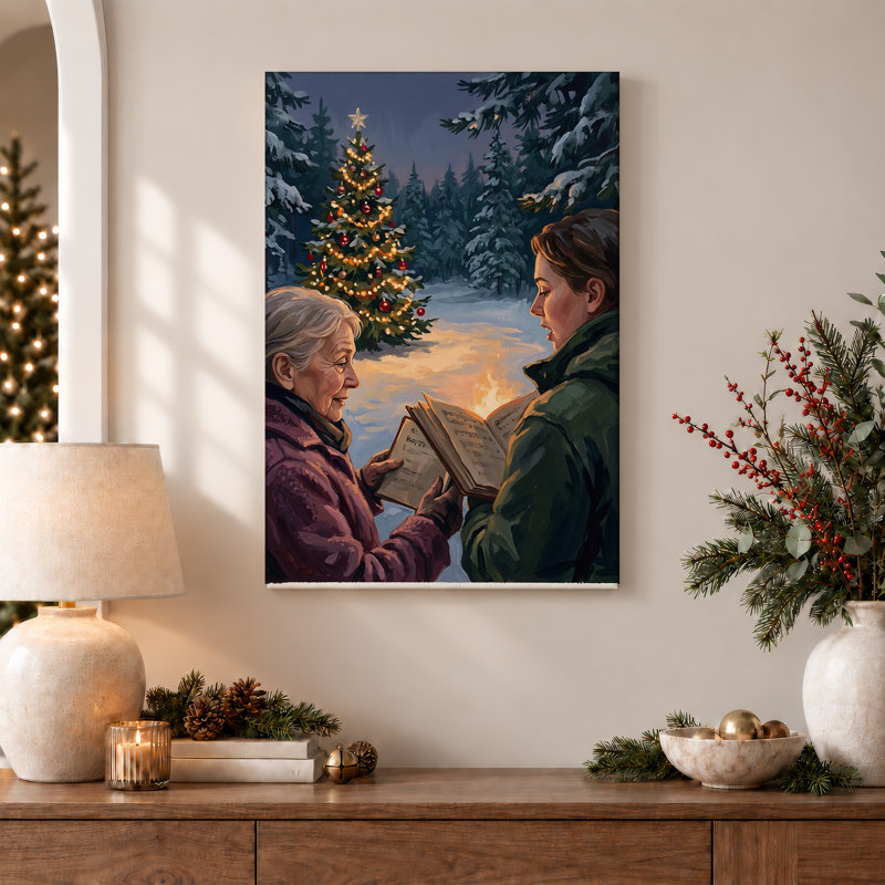 «Two People Singing Carols» par Lit Tree in Snow, art mural sur toile de Noël, H 18 po x l 12 po