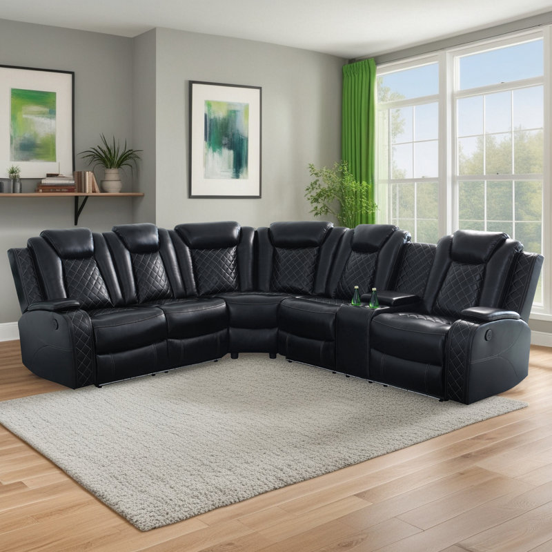 Ensemble de canapé inclinable électrique en cuir 3 pièces noir avec charge USB, console de rangement et porte-gobelets - Canapé modulaire inclinable électrique moderne pour le salon