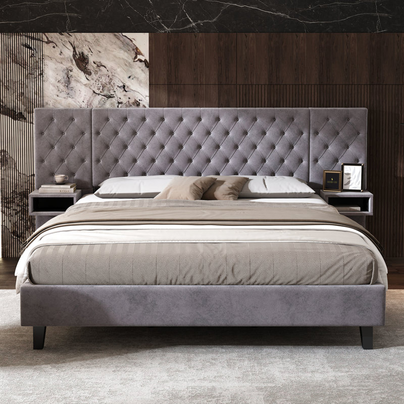 Lit plateforme de luxe très grand - tête de lit tapissier en velours, gris, 2 tables de chevet, losange, sans sommier, structure en bois robuste, fabrication facile pour la chambre à coucher, mobilier